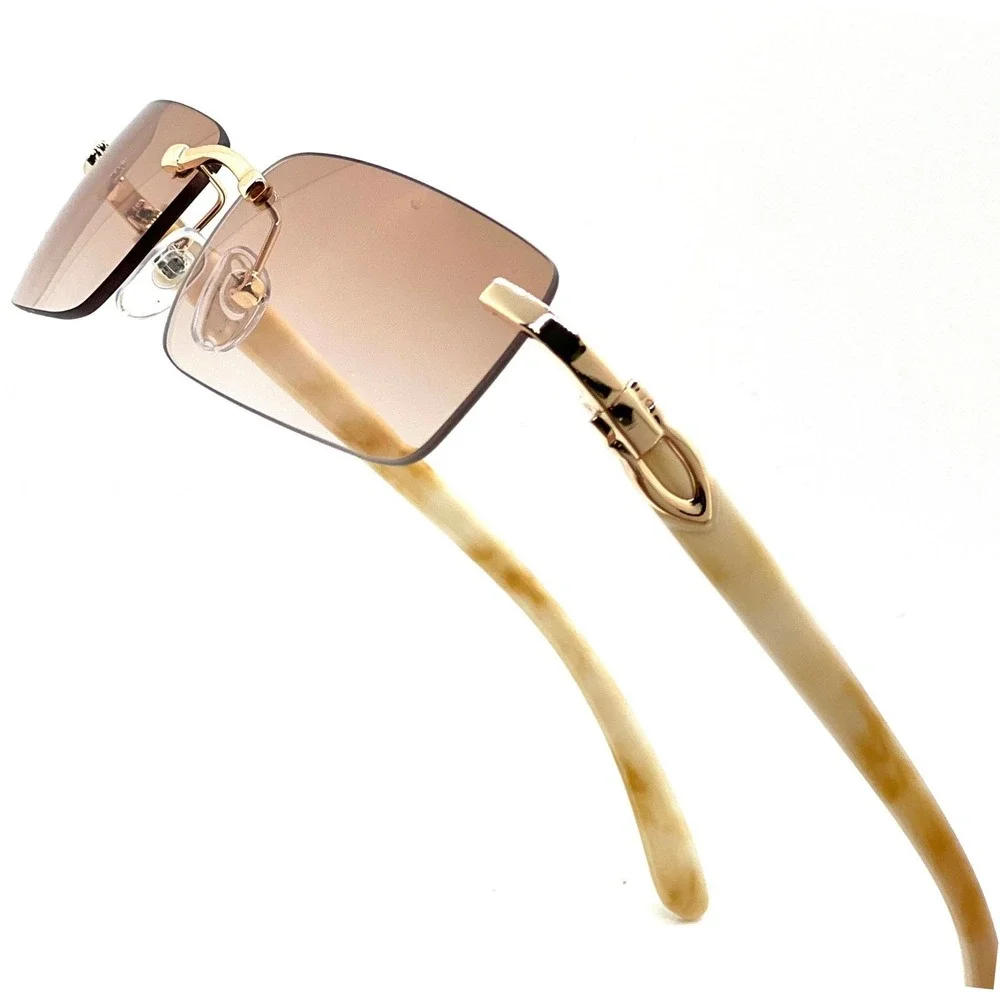 Rimless Sunglasses Rectangle Gold Frame‎ Champagne Lens Fashion Men Small Retro